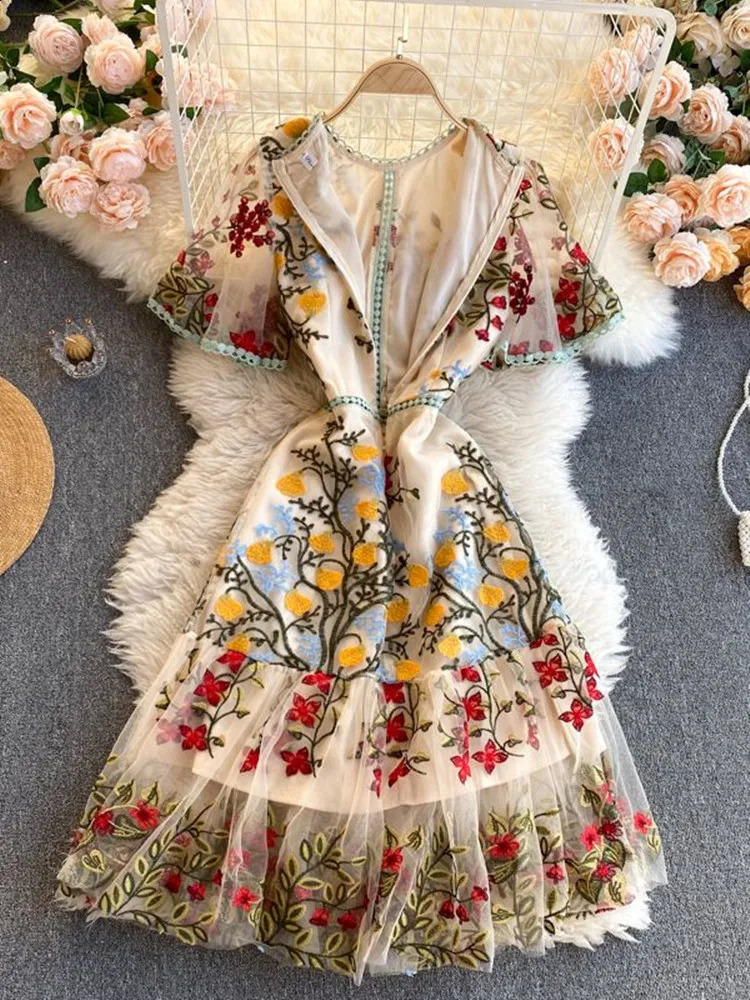 Women Elegant Mesh Lace Embroidered Flower Multicolor Mermaid Dress Short Butterfly Sleeve Ruffles Harajuku Summer Vestidos240730