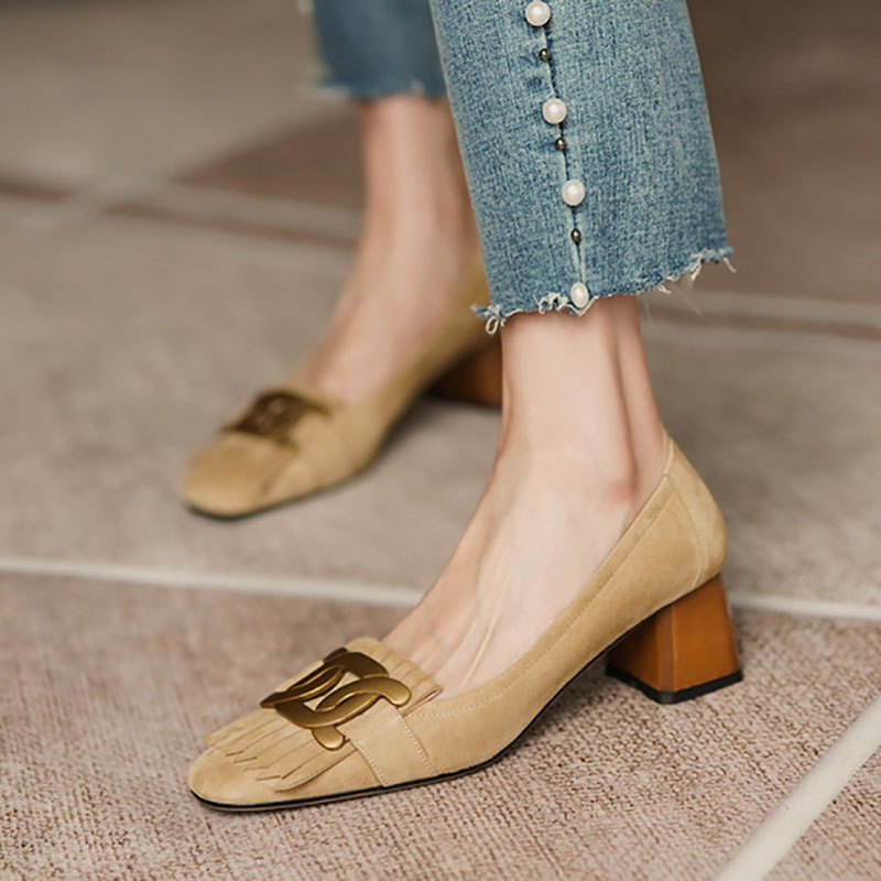 New Women's Faux Suede Fringed Pumps Metal Mid Heels Boat Wood Grain Heel Slip on Dress Shoes Office atos Mujer 1190N