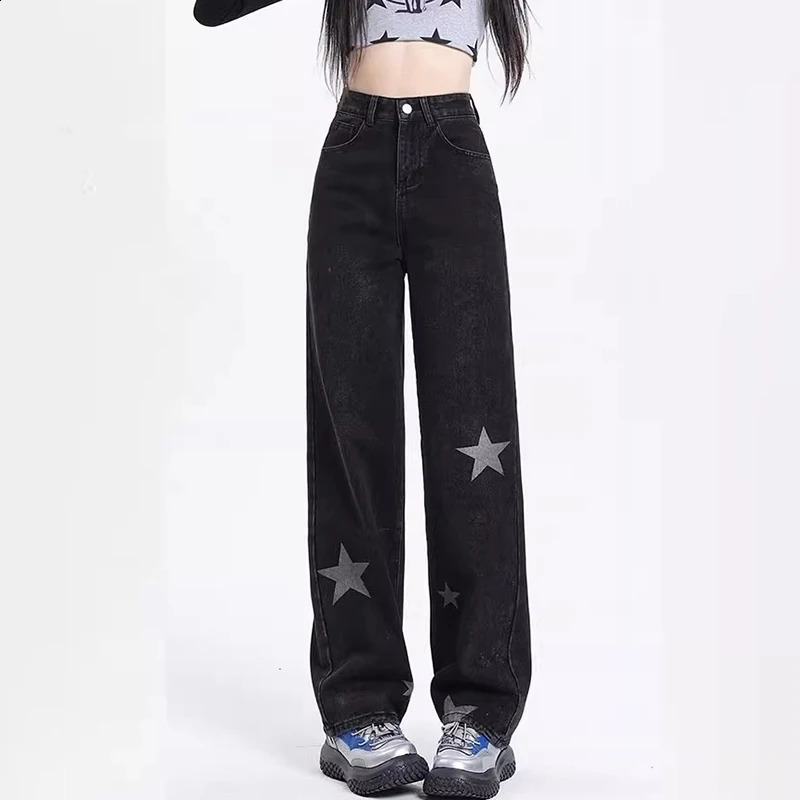Fashion Style Vintage Star Decoration Jeans Girls High Street Y2k Denim Straight Leg Pants Lady Streetwear Punk Black Trousers 240806