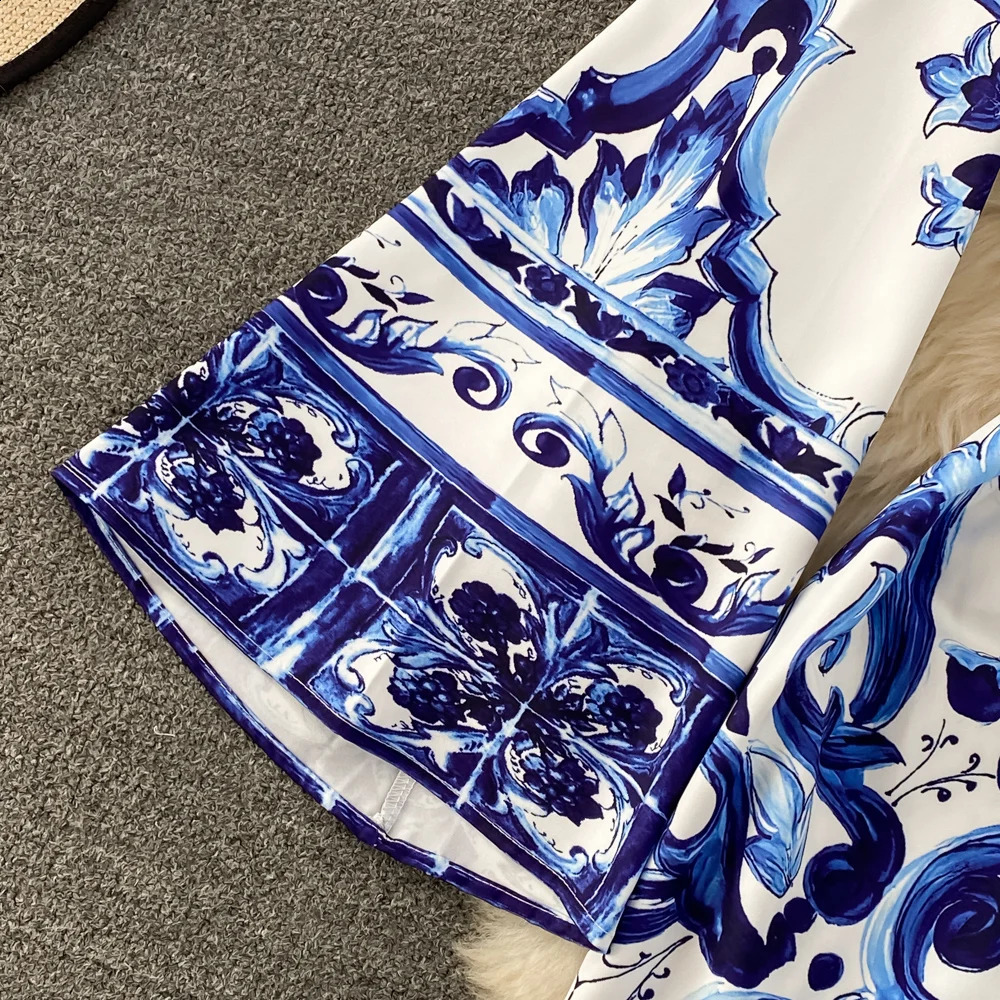 Summer Runway Blue And White Porcelain Long Dress Women O-Neck Flare Sleeve Floral Print Bohemian Side Split Loose Robe Vestidos240730