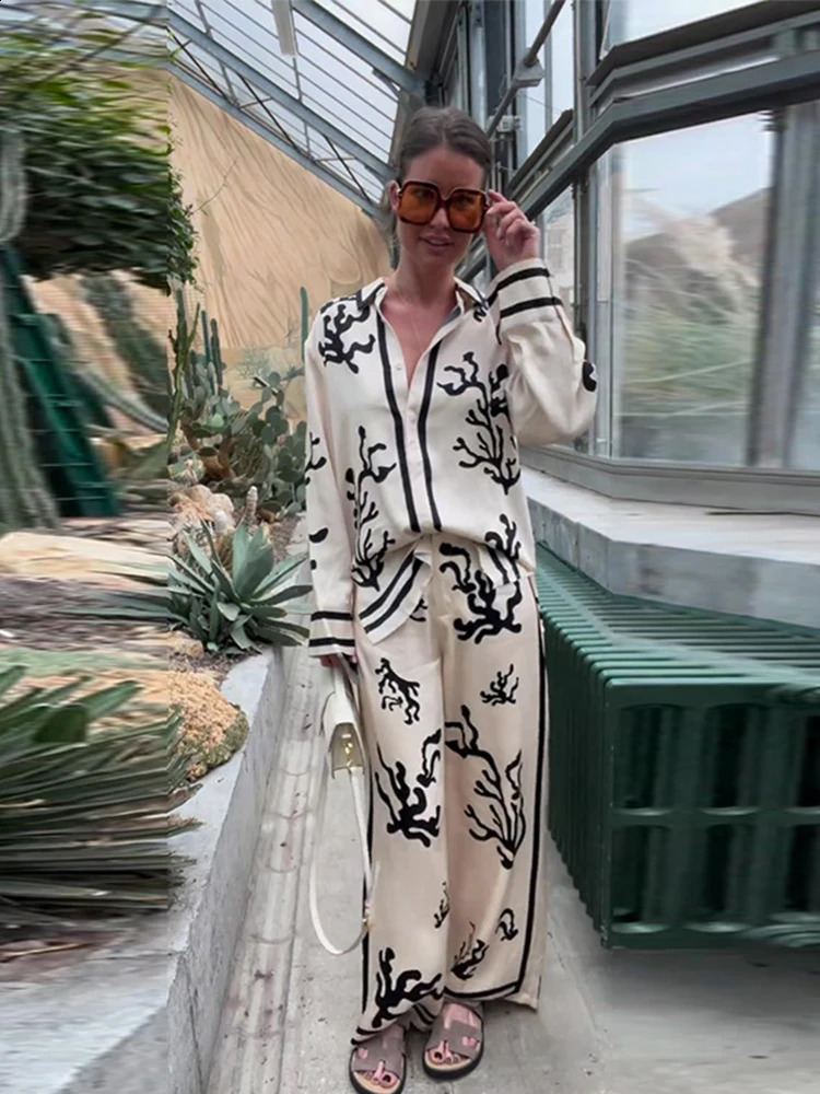 Printed pants set for women casual loose fashionable lapel long sleeved shirt 2024 elegant retro street 2piece 240729