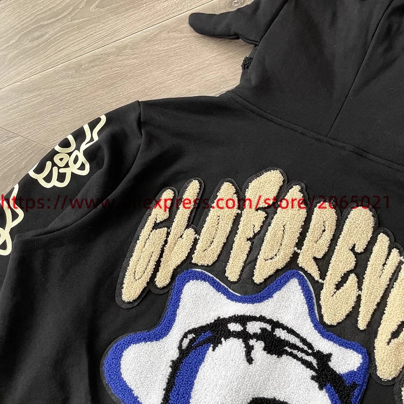 Towel Embroidered Cartoon Camouflage Glo Gang The Glory Full Zip Hoodie Men Women Vintage Hooded 240730