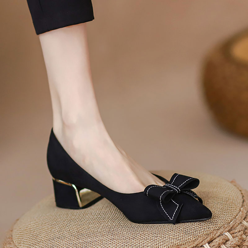 Plus Size 41 Women's Pumps Pointed Toe Mid Heels Dress Faux Suede Boat Shoes Sewing Bow Slip on atos Mujer Black 1243N
