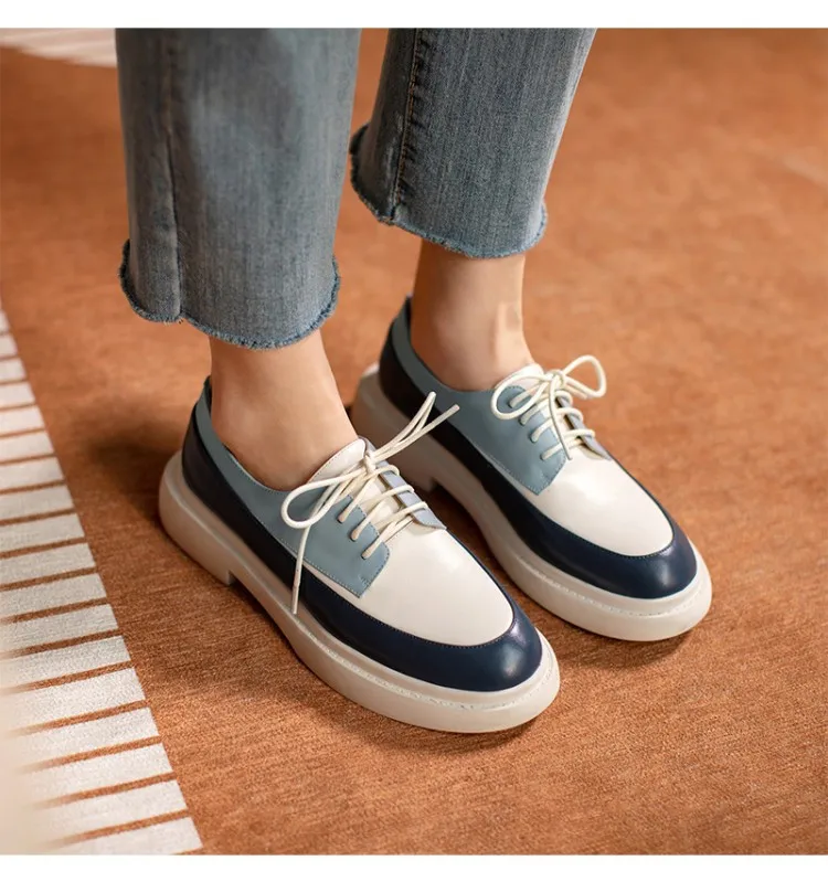 Women's Leather Round Toe Lace Up Platform Shoes, Color Mixed Flats Sneakers 4