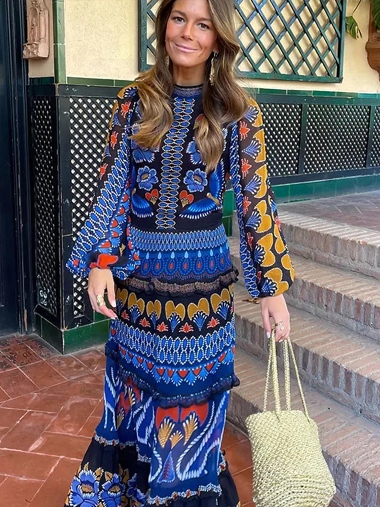 Vintage Print Dress Women Elegant Fashion Long Sleeves Soft Chic Robe Female 2024 Spring Summer Casual Loose Party Dresses Lady240730