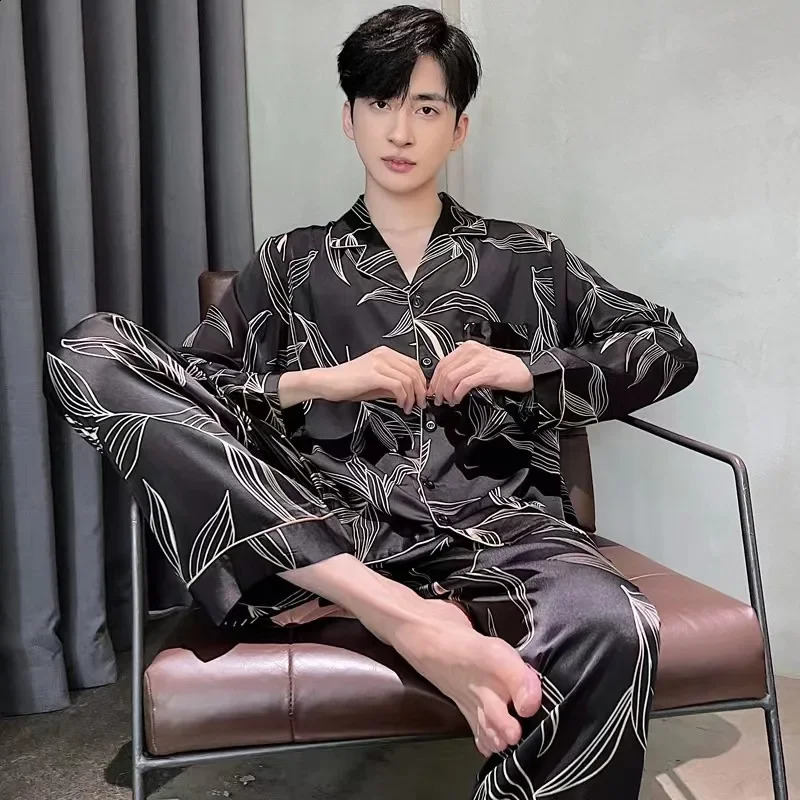 Spring/summer Thin Silk Ice Silk Jacquard Pajama Set For Men Long Sleeve Cardigan Trousers Homewear 240819