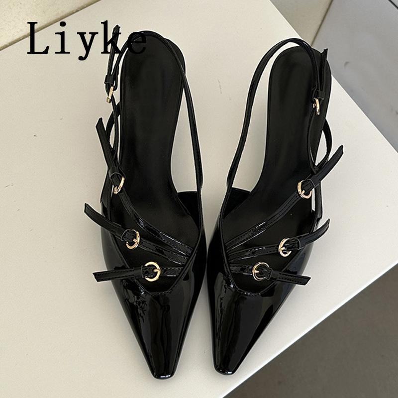 Liyke Sexy Slingbacks Narrow Band Buckle Strap Pumps Women Pointed Toe Low Thin Heels Wedding Party Mules Shoes Female Sandals
