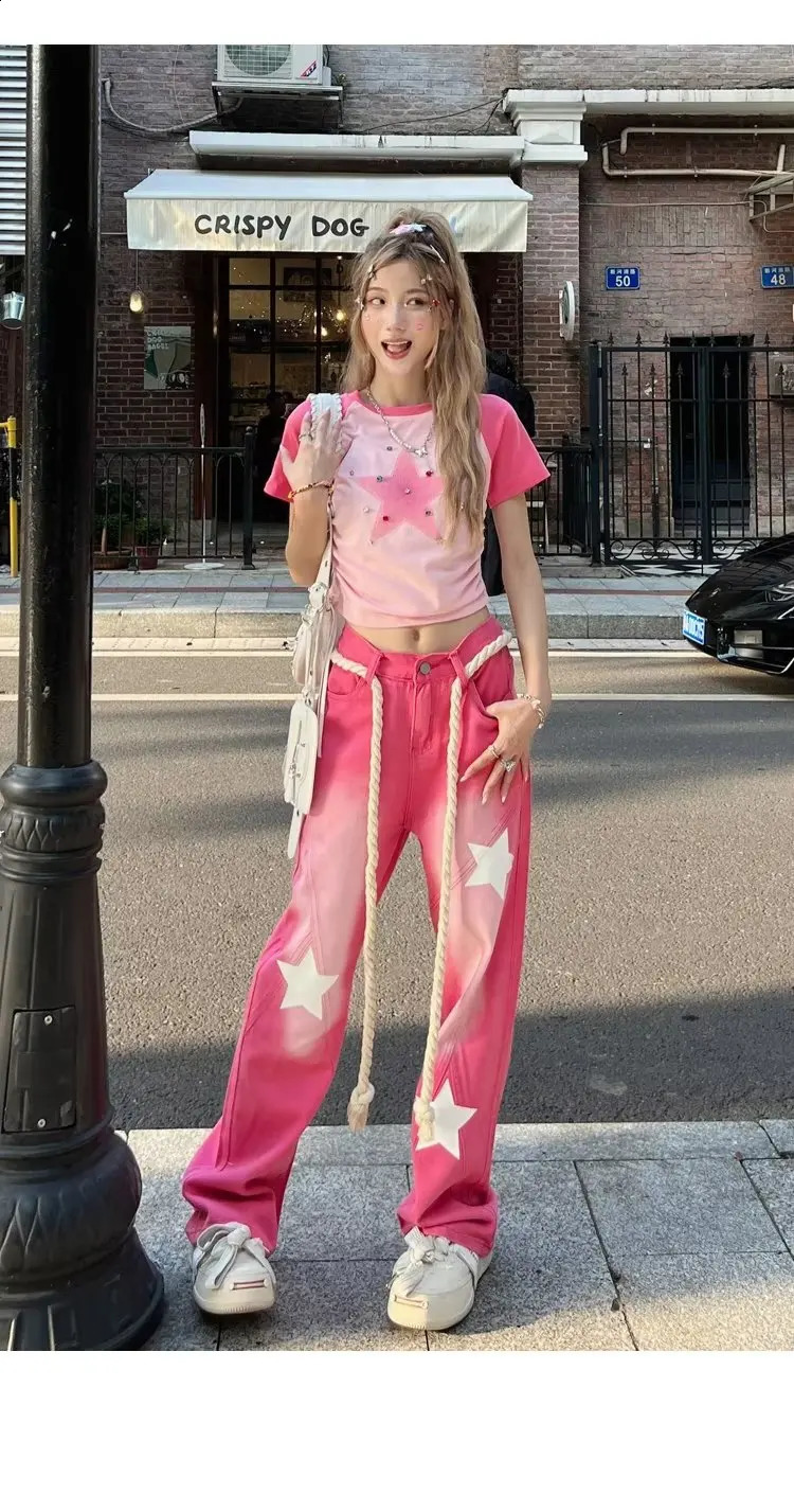 Pink Y2k Baggy Jeans Vintage Drawstring Women American Style Star Printing Womens Streetwear Denim Pants High Waist Trousers 240806