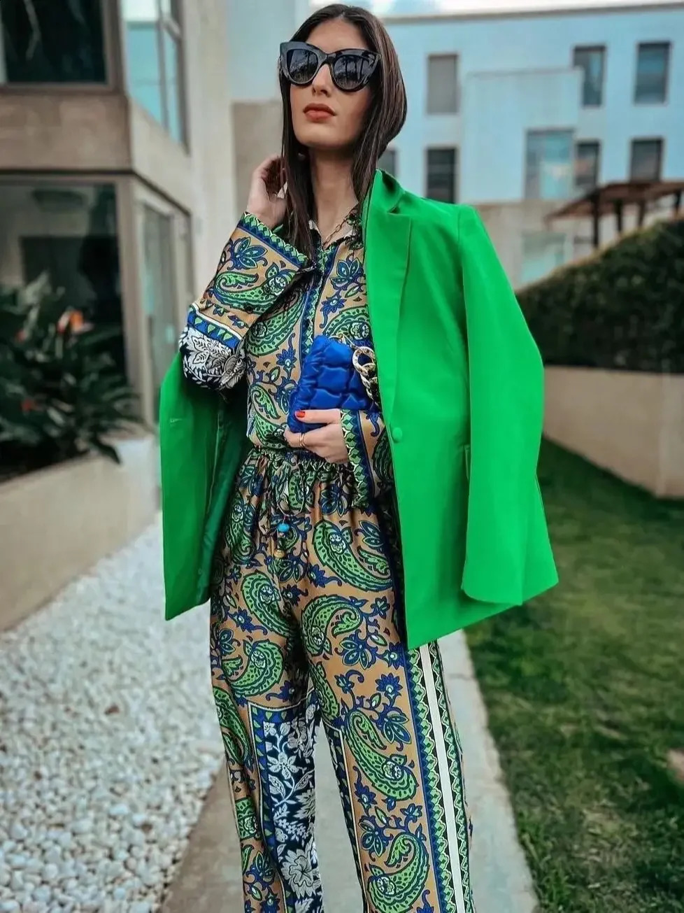 KONDALA Vintage Green Floral Women Suits Long Sleeve Single Button Loose Shirts Women and High Wasit Wide Leg Pants Boho Sets240730