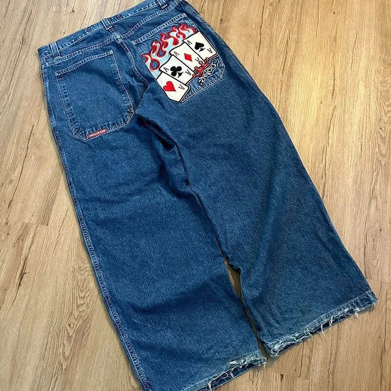 American Denim Trousers Mens Poker Graphic Embroidery Retro Blue Jeans For Men And Women Y2K Harajuku Gothic Punk Slacks 240730