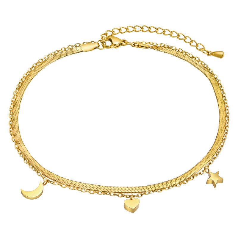 Double Layer Anklet No Fade Waterproof Stainless Steel Jewelry PVD Gold Plated Bead Chain Anklets For Women