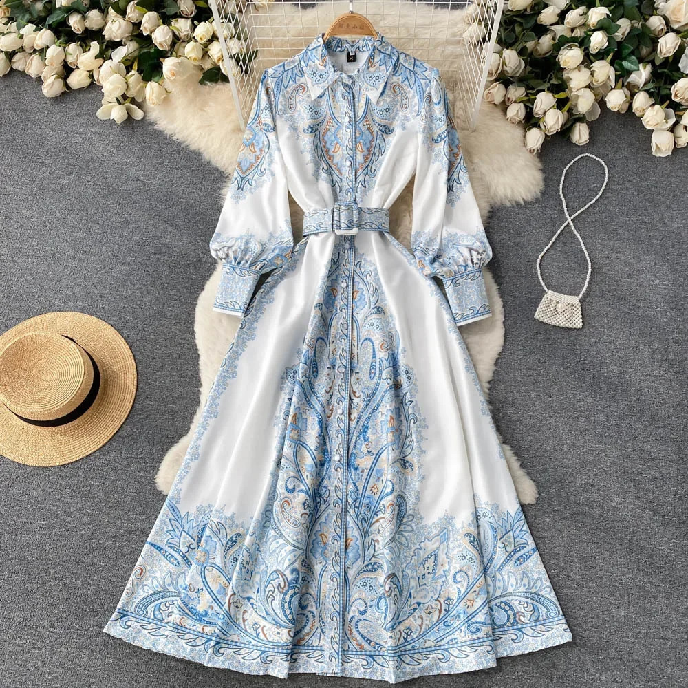 WEIN Vintage Dress Women Retro Printing Dress Floral Long Sleeve Midi A Line Elegant Spring Vestidos Wholesale Clothing240730