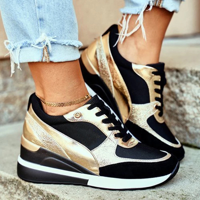 Women Wedge Sneakers Fashion PU Leather Patchwork Height Increasing Sport Shoes Ladies Casual Platform Shoes Zapatos De Mujer