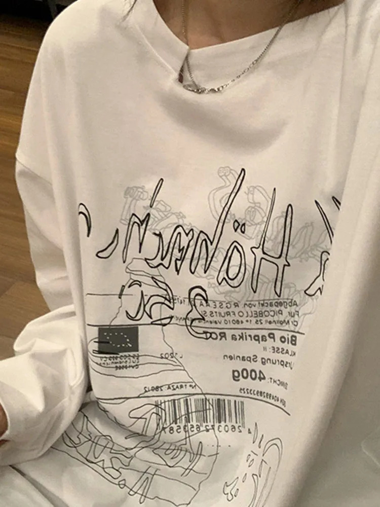 Y2K Tshirt Fairy Grunge Vintage Letter Print Tops Black Autumn Off Shoulder Long Sleeved Korean Tees Loose Harajuku Shirt 240729