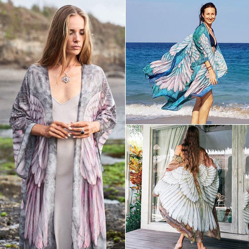 2024 New Chiffon Wings Printed Shawl Beach Hoodie Sexy Cardigan Loose Vacation Sunscreen Dress