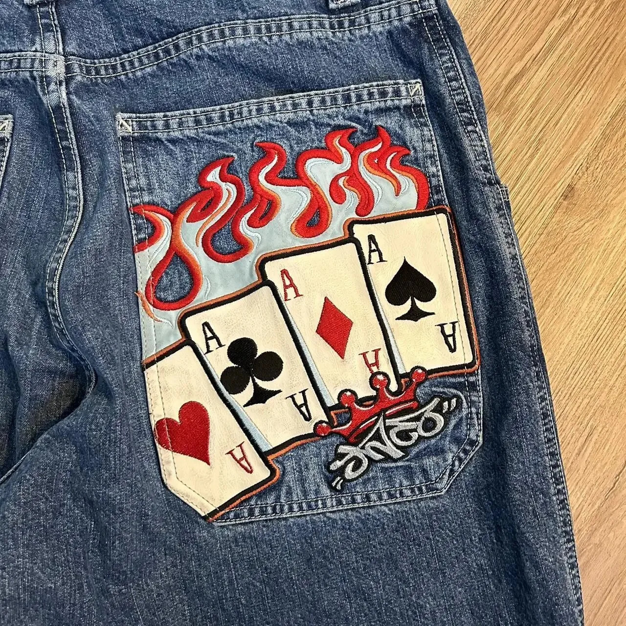 American Denim Trousers Mens Poker Graphic Embroidery Retro Blue Jeans For Men And Women Y2K Harajuku Gothic Punk Slacks 240730