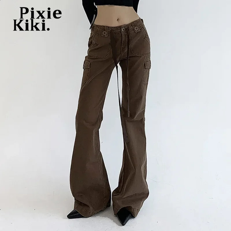 PixieKiki Low Rise Flare Jeans Women Grunge Y2k Cargo Pants 90s Vintage Clothes Black Brown Denim Trousers Streetwear P67-FZ30 240806
