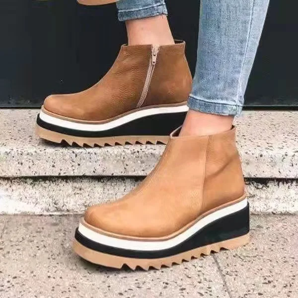 Leather Boots Women Platform Heels Ankle Boots Wedges Casual Fashion 2021 Booties Woman Punk Thick Bottom Shoes Zapatos De Mujer