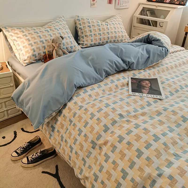 Japanese Plaid Washed Cotton Bed Set Of Four Pieces Without Printed Style Student Dormitory Bed Sheets Quilts Bed Sheets And Y240730