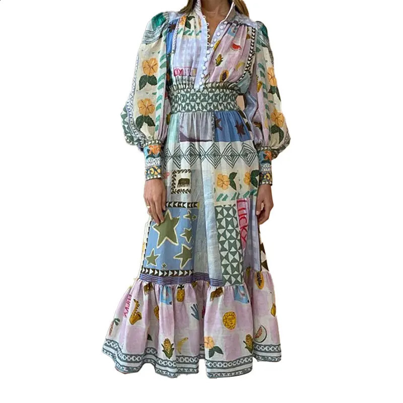 Vintage Printed Patchwork Hollow Out Womens Maxi Dress Fashion V Neck Puff Sleeved Long Dresses Female Highstreet Vestidos240730