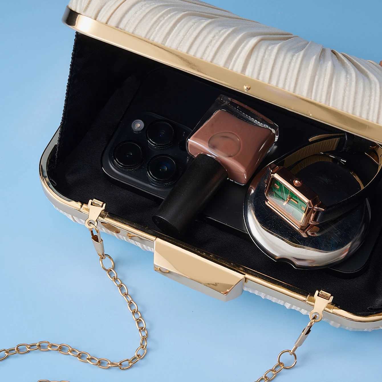 ladies party wrinkle clutch bag Metal chain shoulder bag dress hand bag champagne evening wedding party bags for womenXJ240730