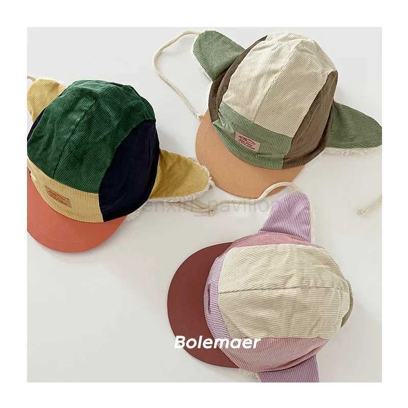 Korean Hot Winter Patchwork Corduroy Toddler Kids Boys And Girls Baseball Caps Fur Lining Warm Helmet Hat 50-52cmXJ240730