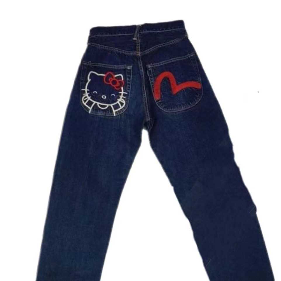 Women's Jeans 2024 Hip Hop Trend High Street Fashion Kitty Print Jeans Loose Straight Pants T240730