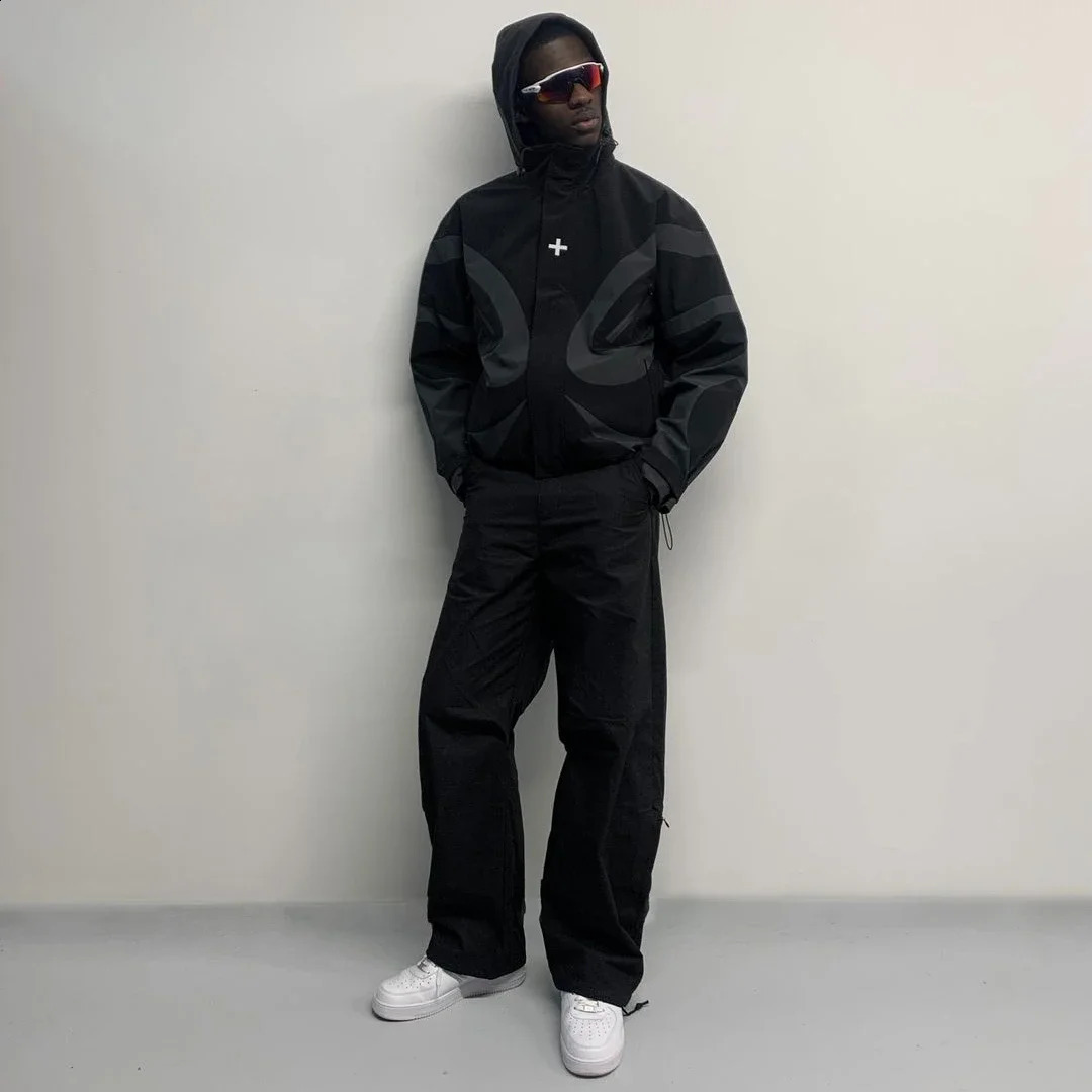 Y2K Trench Coat Mens Womens Zipper Jacket Harajuku Hip Hop Vintage Black Splicing Jacket Gothic Fashion Oversized Hoodies 240722