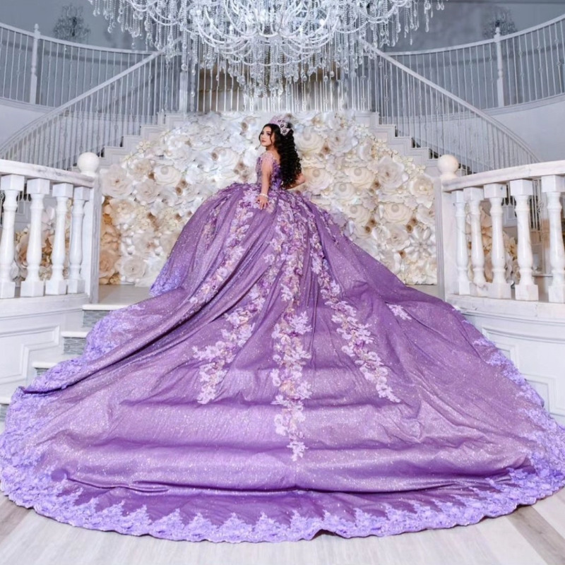 Lavender Shiny Quinceanera Dress 2024 Princess Applique Lace Beads Sweet 16 Birthday Party Gown Vestido De 15 Anos