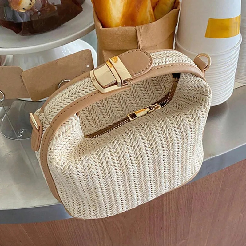 Yogodlns Summer Small Straw Handbag Trendy Shoulder Bag Woven Bucket Crossbody Casual Seaside Beach Gilrs Handle Tote 240824Z