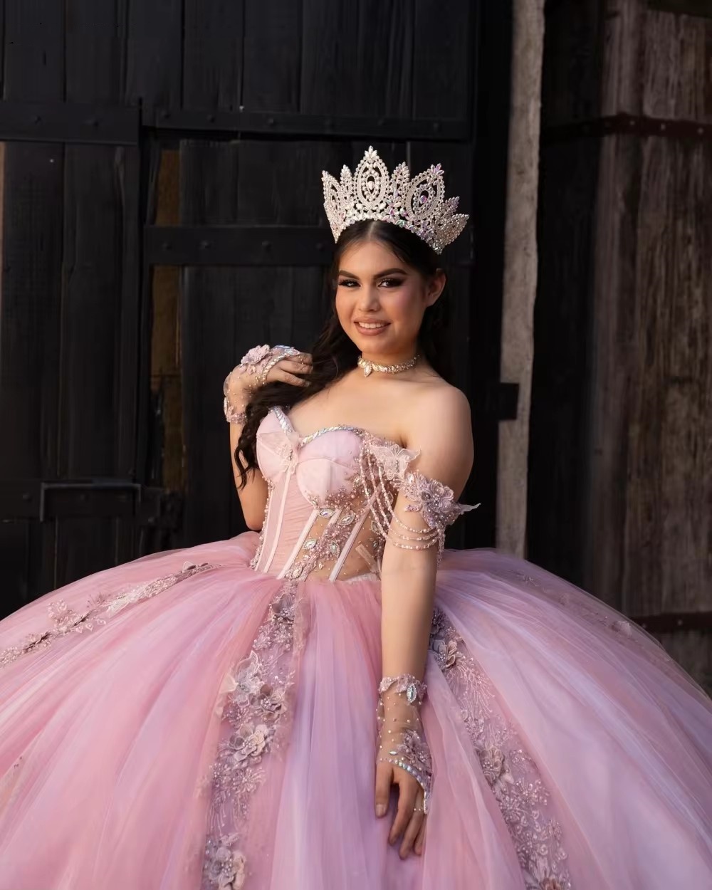 Pink Sparkly Quinceanera Dress Ball Gown D Ral Applique Beading Crystal Mexican Sweet Vestidos De Anos