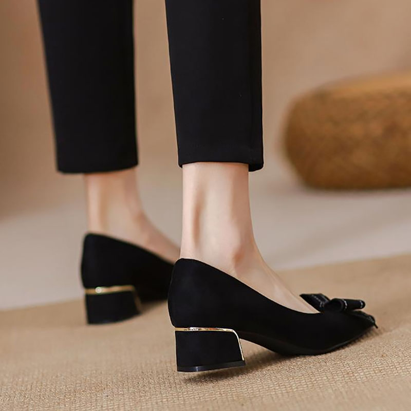 Plus Size 41 Women's Pumps Pointed Toe Mid Heels Dress Faux Suede Boat Shoes Sewing Bow Slip on atos Mujer Black 1243N