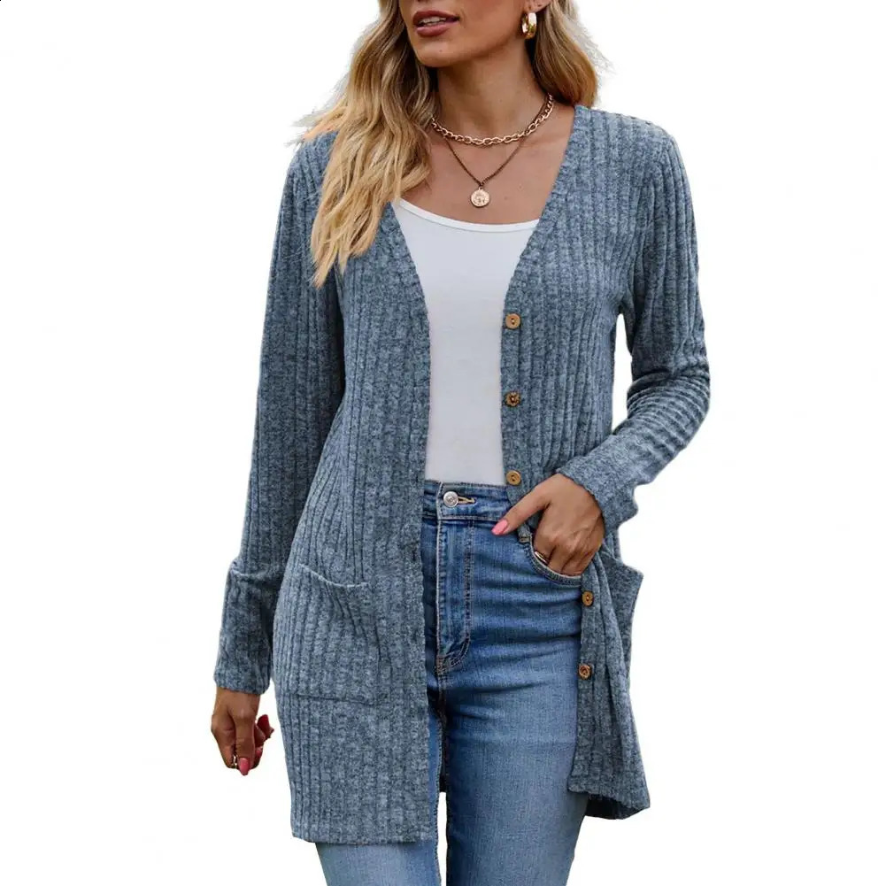 Winter Fall Women Cardigan Coat Knitted Singlebreasted Sweater Elastic Pockets Warm Mid Length Lady Jacket 240730