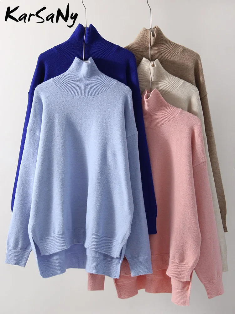 Warm Autumn Turtleneck Sweaters For Women Oversize Solid Pink Pullover Womens Sweater With Split Side Oversized Woman 240730