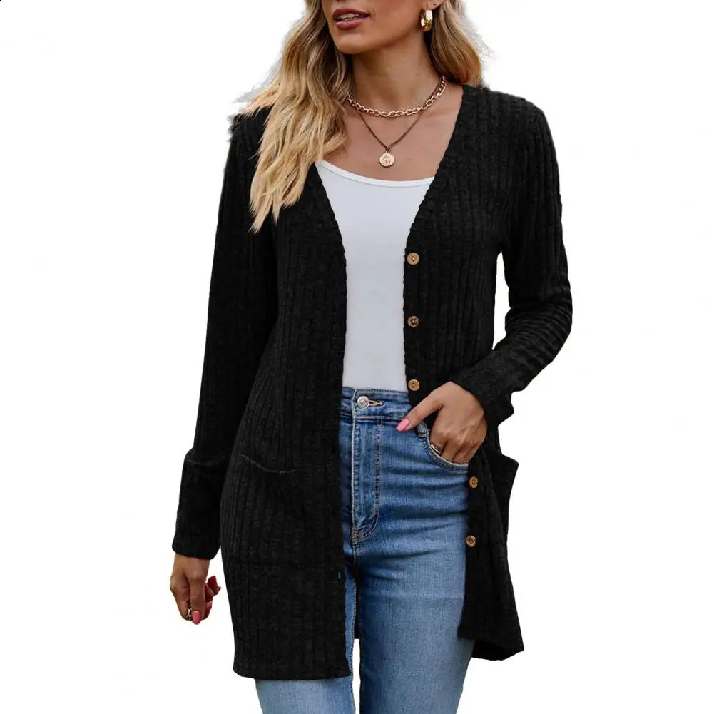 Winter Fall Women Cardigan Coat Knitted Singlebreasted Sweater Elastic Pockets Warm Mid Length Lady Jacket 240730