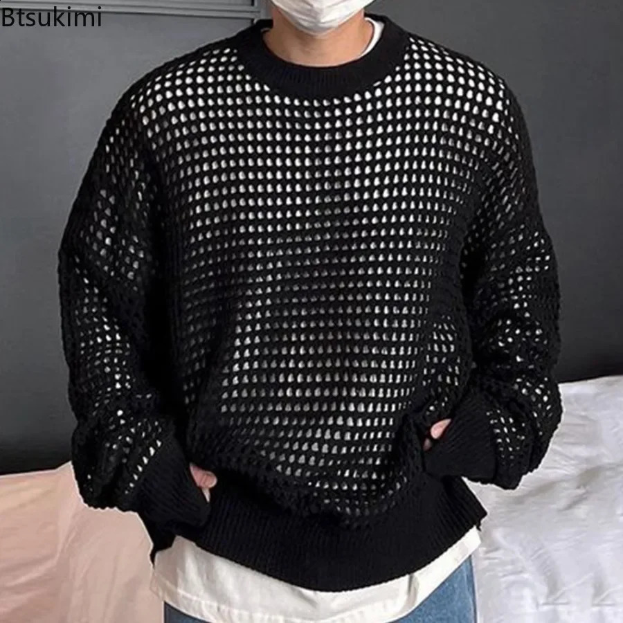 Mens Long Sleeve Knitted Top Sweater with Hollow Out Fishnet Style Retro Casual 240824