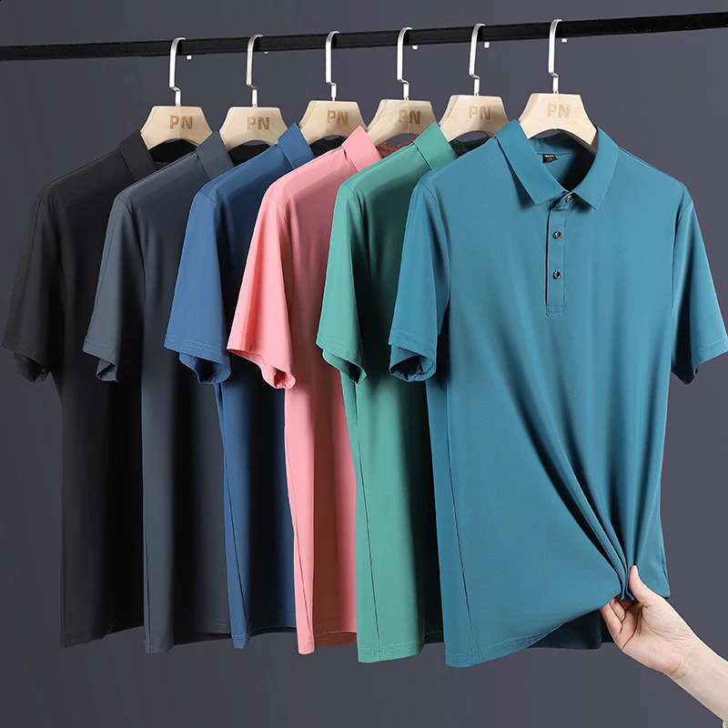 Plus size 9XL 8XL mens summer highquality short sleeved ice silk solid color business casual polo shirt 240829