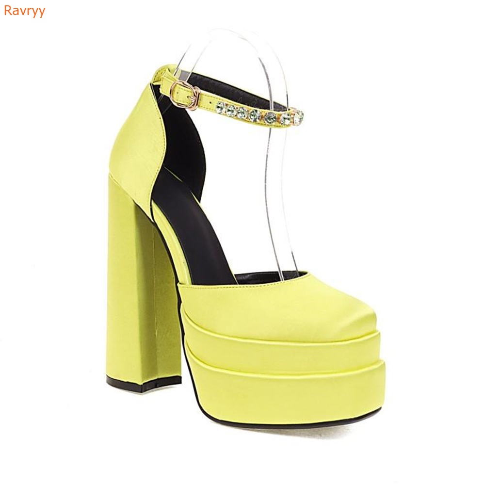 Double Layer Platform Square Head Shoes Crystal Ankle Buckle Super High Heels Square Heel Satin Shoes