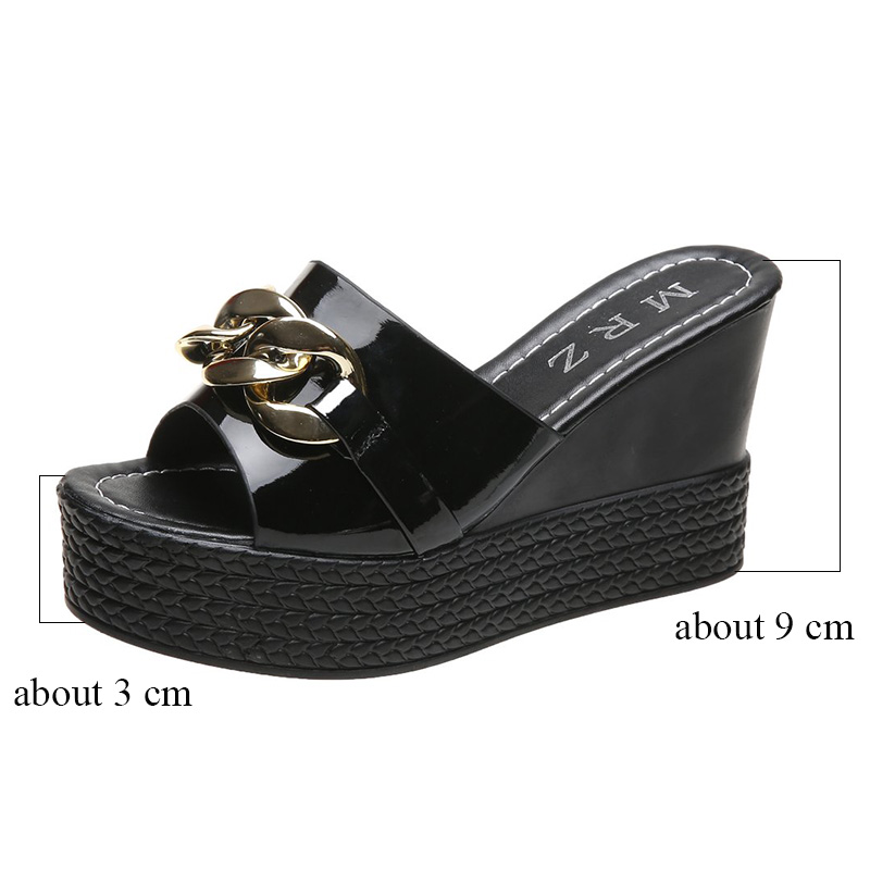 Platform Chain High Heels Slippers Women's Wedding Shoes Summer 2022 New Casual White Black Wedges Slides Ladies Beach Slippers