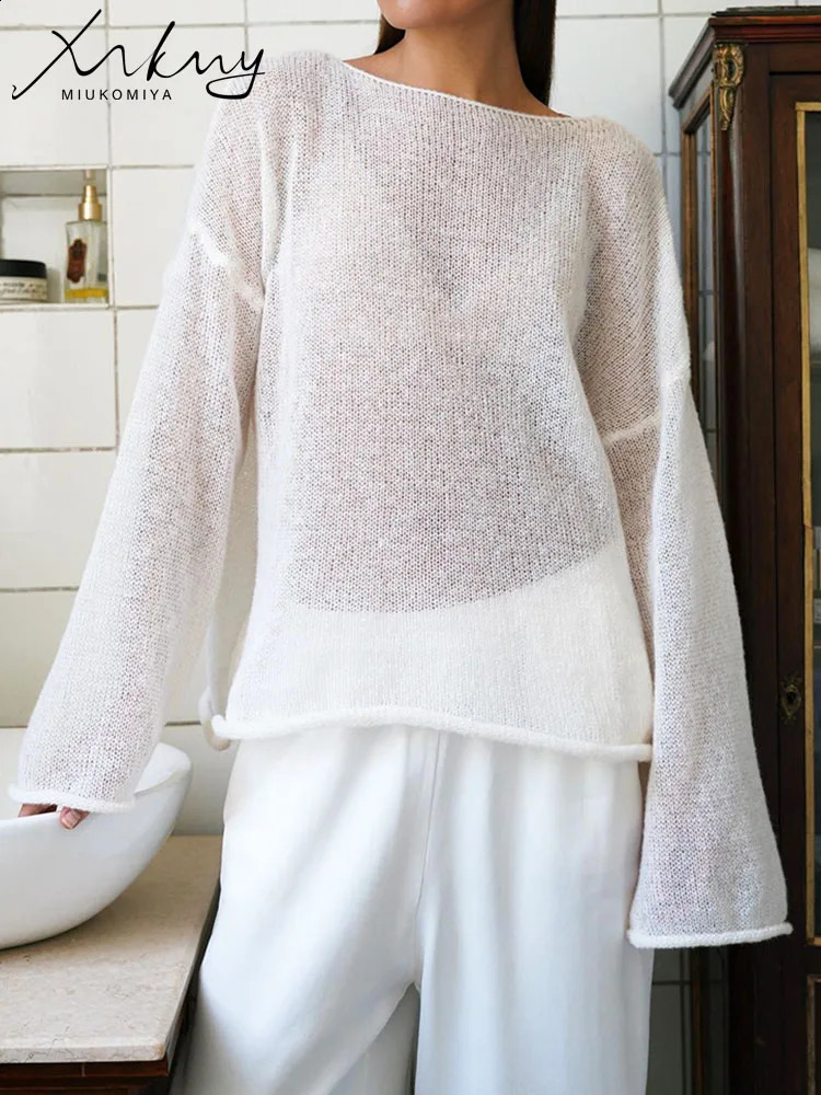 T Shirts Oversize Thin Knitted Pullovers Women Summer Trumpet Long Sleeve Shirt For Loose Top Tees Transparent Sweater 240730