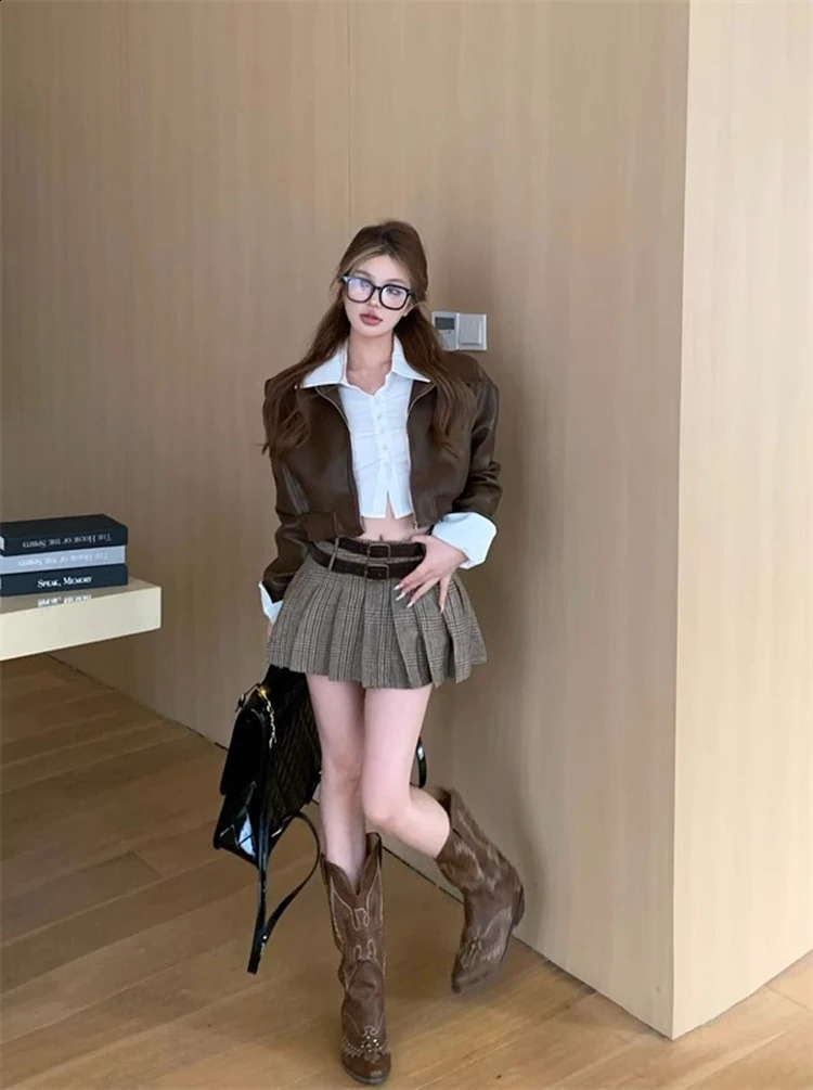 Autumn Winter Retro Solid Leather Jacket Lapel Collar Office Lady Long Sleeve Coats Outerwear BF High Street Cyber Y2k 240723