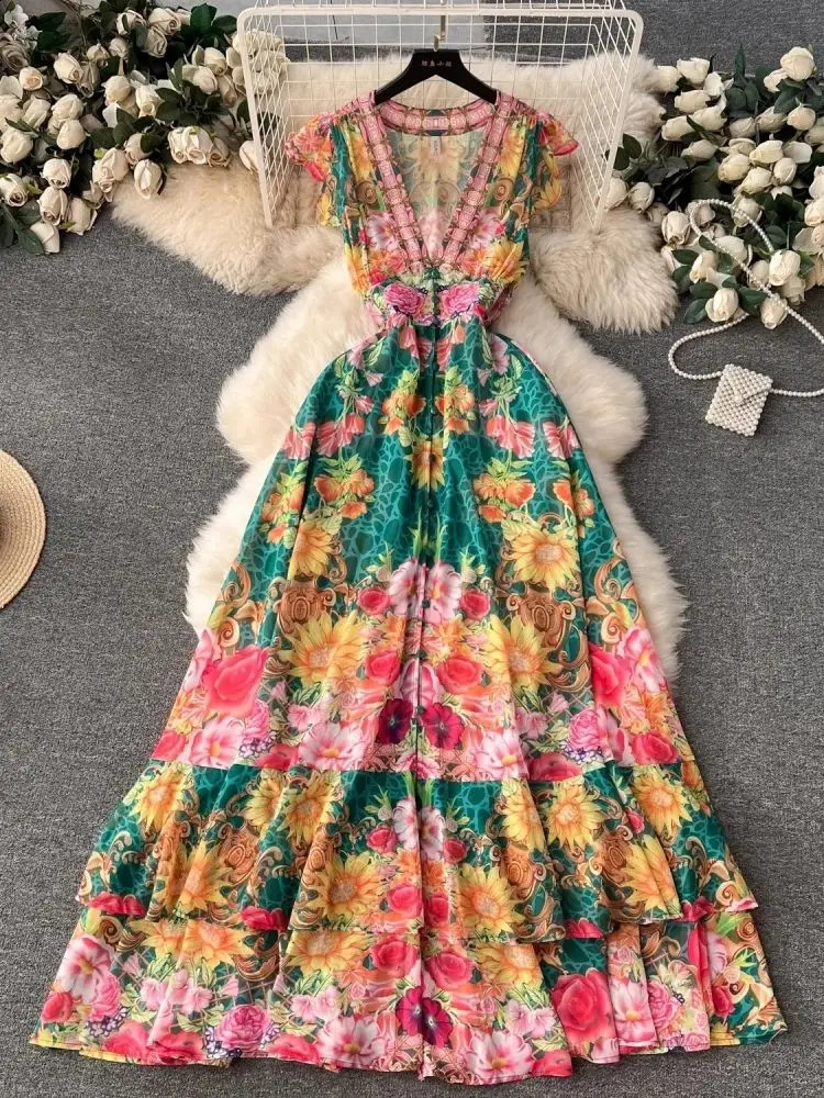Summer Holiday Gorgeous Floral Dress Womens Sleeveless Ruffles V Neck Flower Print Buttons Chiffon Bohemain Robe Vestidos240730
