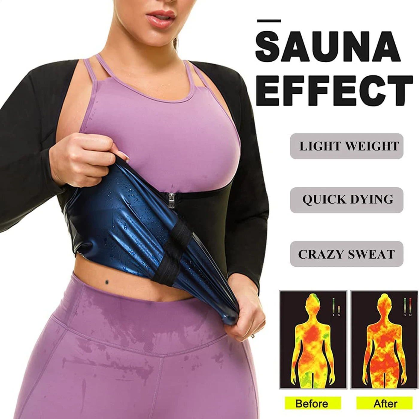 Vigorix Sauna Suit for Women Sweat Body Shaper Waist Trainer Long Sleeve Zipper Shirt Workout Top 240730