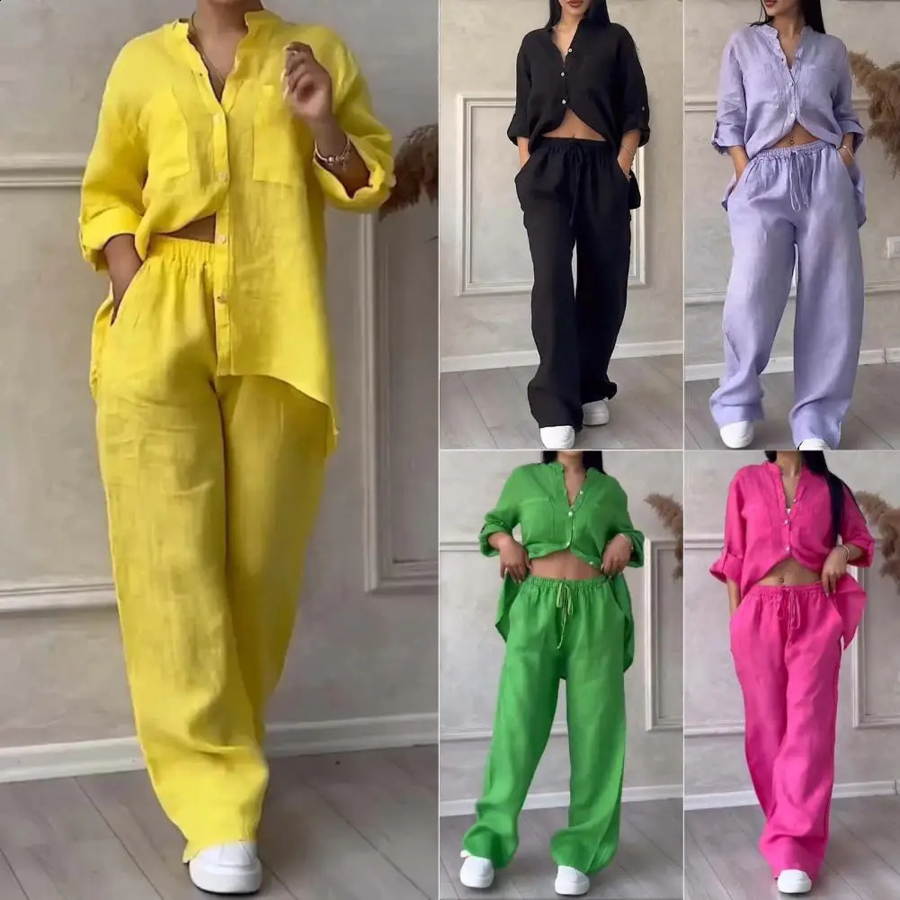 2024 Summer Trend Cotton Linen Shirt Set High Waist Loose Mens Elegant Womens Two Piece 240729