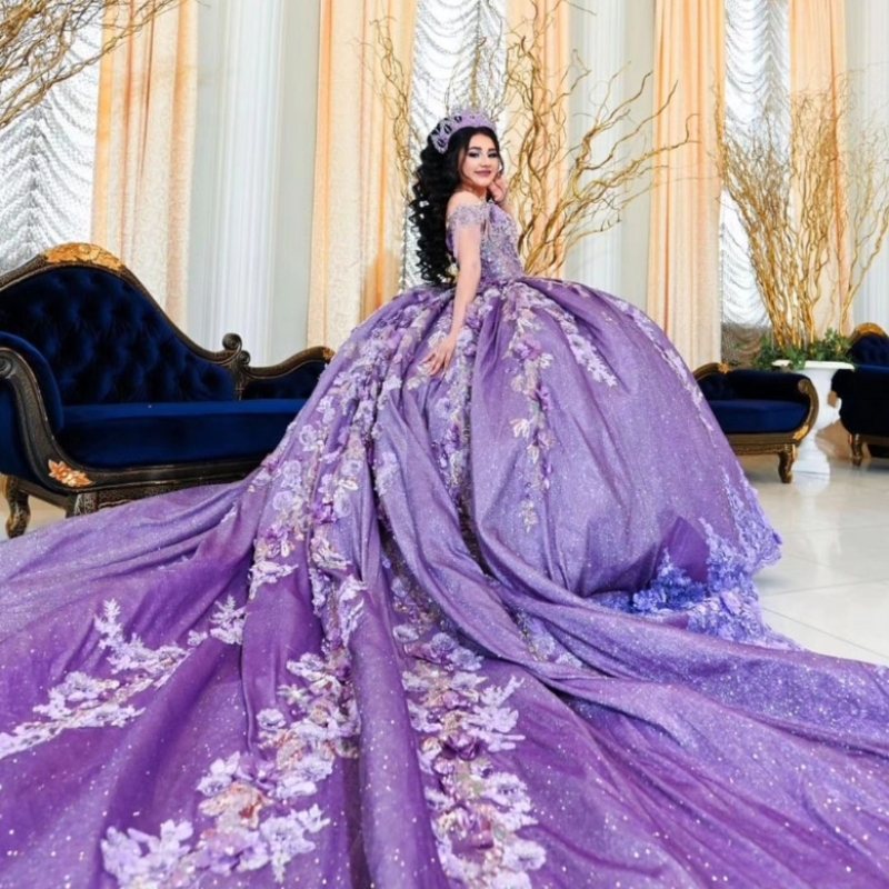 Lavender Shiny Quinceanera Dress 2024 Princess Applique Lace Beads Sweet 16 Birthday Party Gown Vestido De 15 Anos