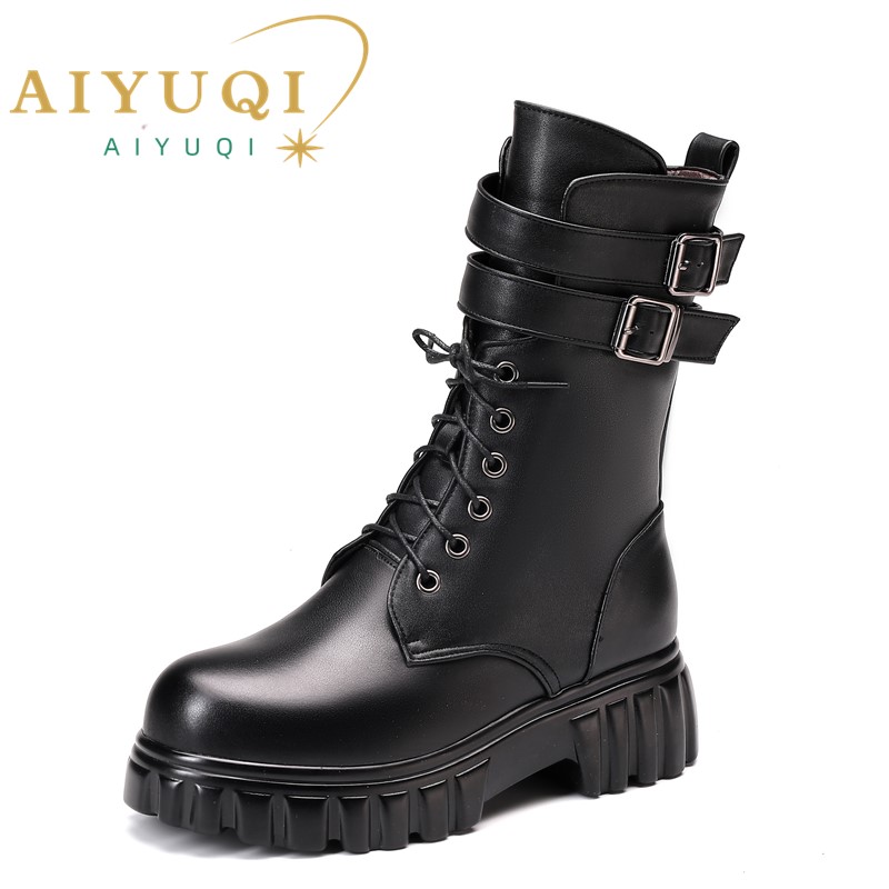 Winter AIYUQI 2024 New Platform Genuine Leather Middle Wool Warm Biker Boots Women 7474
