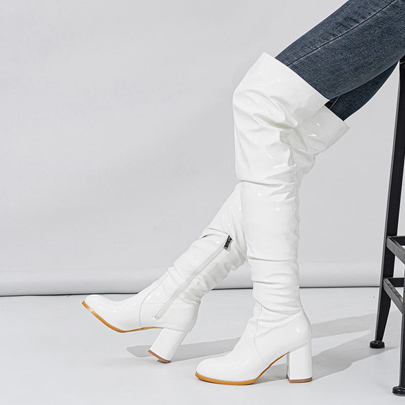Liyke Fashion Round Toe Motorcycle Thigh High Boots Women Red Pleated Patent Leather Over The Knee Shoes Zip Autumn Winter Heels