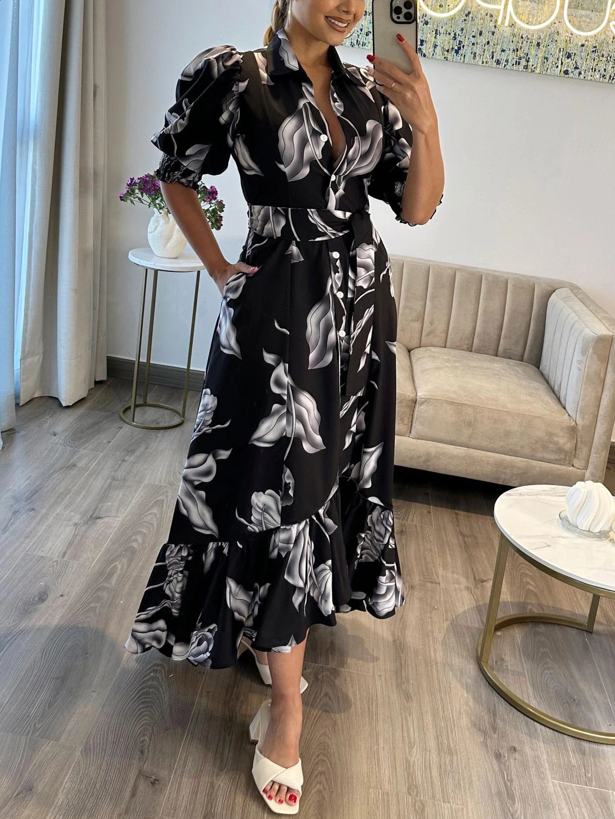 Women Floral Print Long Dress Summer Casual Turn-down Collar Half Sleeve Loose Big Swing Dress Female Vintage Beach Maxi Dress240730