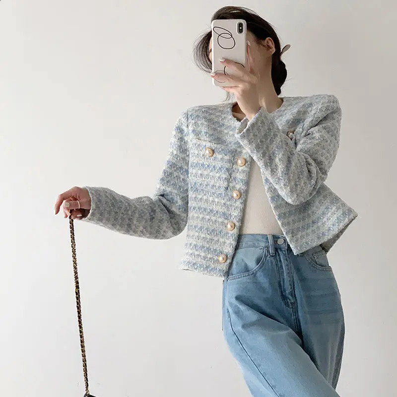 Korean Fashion Women Long Sleeve Tweed Jacket Coat Autumn Winter O-neck Short Coat Casual Outerwear Womens Crop Top 240730