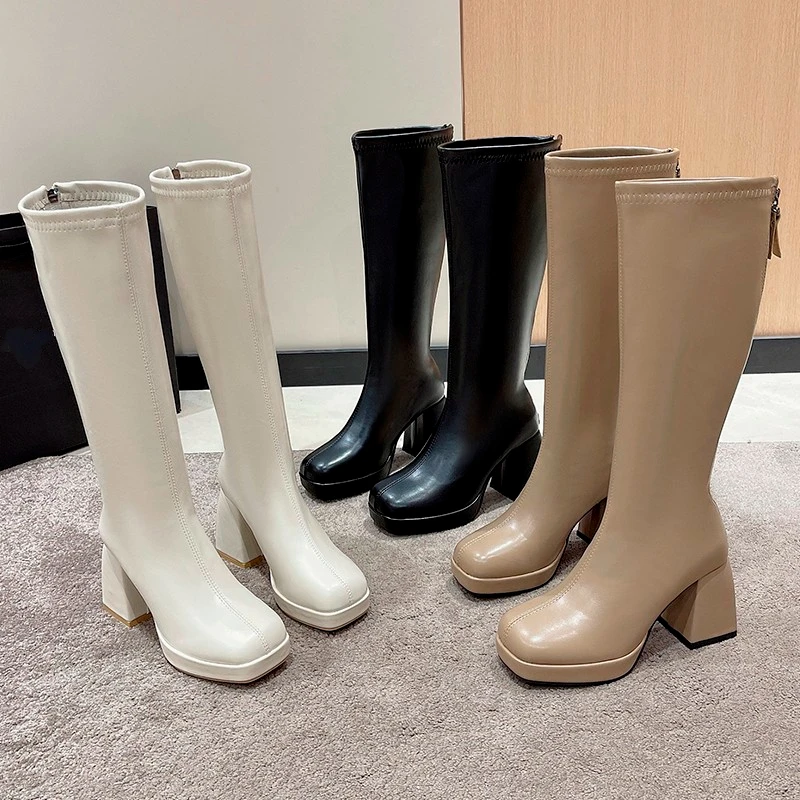 Black Winter Women Boots Fashion Platform Thick Knee High Zipper Autumn Long Shoes Square Heel Rubber d3cc